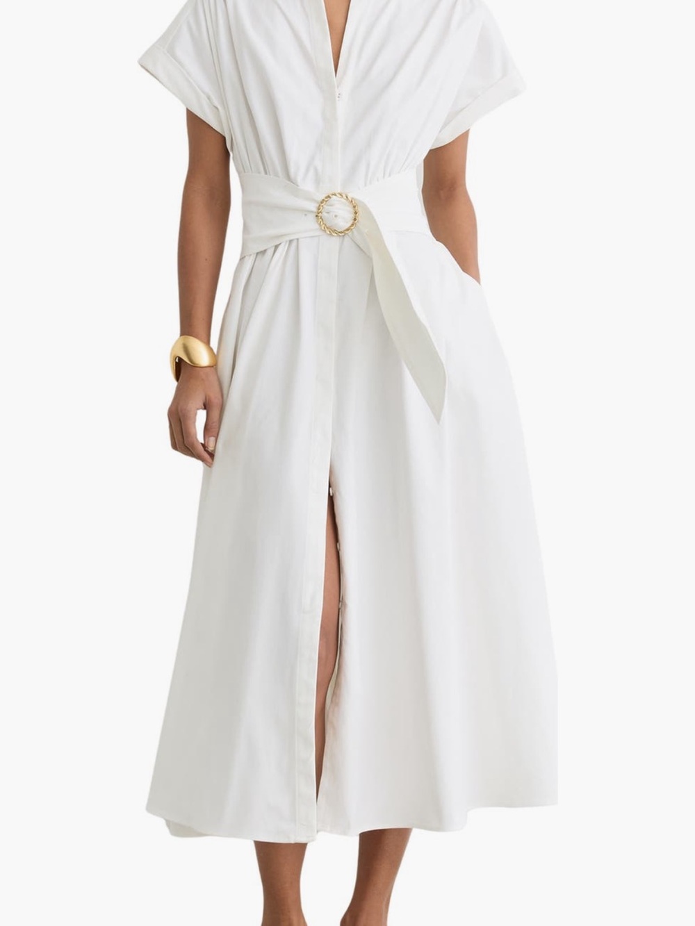 Reiss Ivory Cotton Short-Sleeve Belted Dress